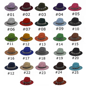 Flat brim felt fedora hats in 27 colors with pearl embellished band in a grid display