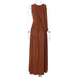 Rear view of dark brown sleeveless maxi dress showing slim fit pleated knit texture