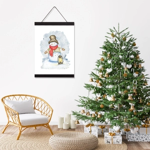 Detail of magnetic wooden hanger frame featuring a cute snowman poster in a cozy room
