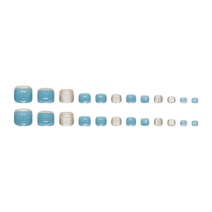 Lot de 24 faux ongles d'orteils French œil de chat bleu clair avec paillettes argentées
