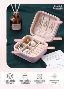 Pink PU leather travel jewelry organizer with necklace hooks and velvet interior