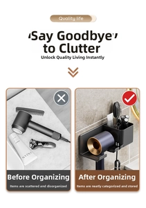 Wall-mounted hairdryer holder comparing cluttered counter versus organized storage rack
