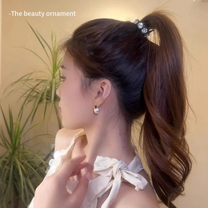 Elegant rhinestone ponytail hair tie and pearl earrings set for stylish women hairstyles