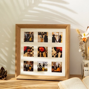 Square 9-opening wooden photo frame with white mat for couple memory wall decor