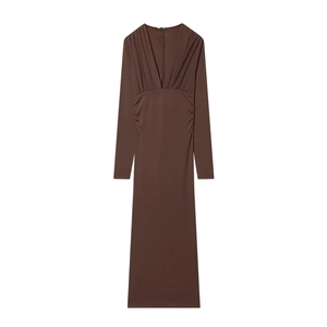 Elegant Deep V Neck Ruched Waist Long Sleeve Bodycon Maxi Dress For Women Solid Color Stretchy Slim Fit Draped Evening Party