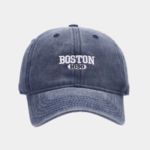 Detail of Boston 1630 white embroidery on navy blue washed cotton vintage baseball cap