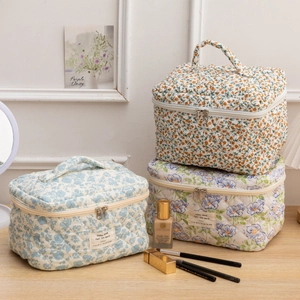 Detailed macro view of quilted cotton makeup bags with various floral patterns and zippers