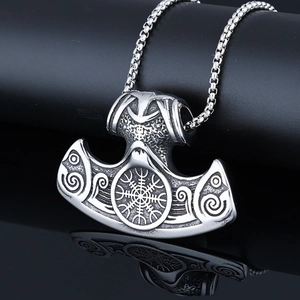 Viking Thor Hammer pendant necklace in vintage silver steel with Vegvisir compass detail