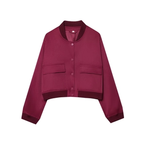 Women Casual Loose Baseball Jacket Wine Red Snap Button Ribbed Long Sleeve Outerwear With Large Pockets For Spring