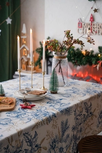 Detailed Christmas tablecloth with vintage blue pine and golden berry botanical prints