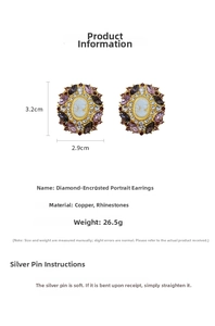 Detailed size chart of vintage relief portrait earrings with crystal borders