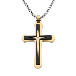 Hip hop double-layered gold and black stainless steel cross necklace with silver box chain