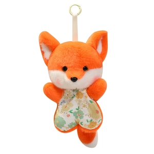 Cute plush fox pendant with floral heart pattern and gold keychain clasp for kids