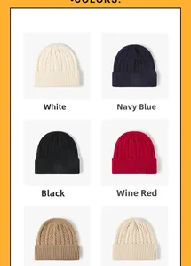 Detailed view of color options for cable-knit beanies with ribbed texture and thick yarn