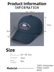 Detailed view of dark blue baseball cap with white embroidery and size specifications
