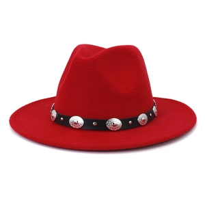 Red wool fedora hat with a black leather belt featuring silver metal embossed studs