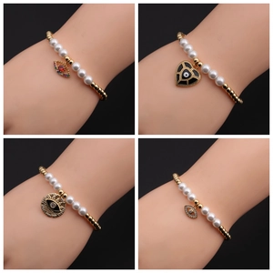 Evil Eye Heart Pendant Bracelet Copper Zircon Enamel Beaded Imitation Artificial Pearl Bohemian Fashion Jewelry For Women