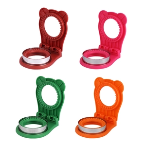 Round bear-shaped sandwich cutter and sealer set in four vibrant colors on white background