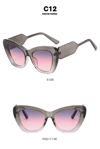 Detail der Katzenaugen-Brille C12 mit grauem Rahmen und lila Verlaufsgläsern