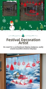 Macro detail of red Merry Christmas window decals with reindeer and snowflake patterns