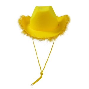 Classic yellow western cowboy hat with vibrant feather trim and adjustable chin strap