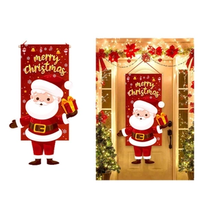 Christmas door banner featuring Santa Claus with a bell on a red festive background