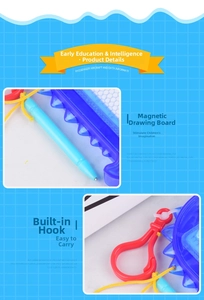 Detail of mini magnetic drawing board featuring stylus pen and portable red clip