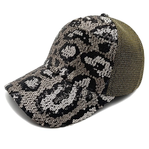 Sparkling leopard sequin baseball cap with gold mesh back for women's street fashion