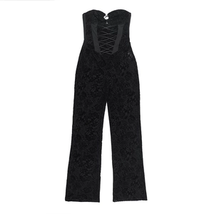 Close-up detail of black lace floral texture and hollow out strapping on the jumpsuit