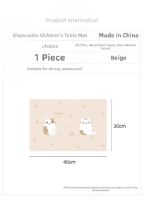 Detailed size chart for waterproof disposable baby placemats with cartoon cat pattern