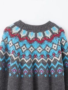 Close-up of Nordic Fair Isle jacquard knit texture on dark grey crewneck sweater