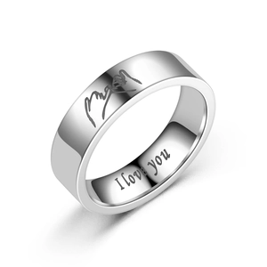 Polished silver titanium steel ring featuring I Love You engraving and hand-holding motif