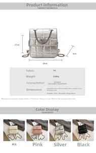 Detailed size chart and specifications for the quilted PU leather chain mini backpack