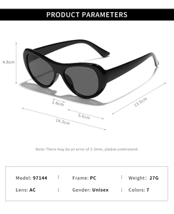Detailed size chart for retro oval sunglasses showing frame and lens dimensions