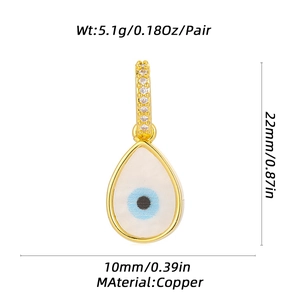 Detail of copper teardrop earrings with evil eye pattern and crystal inlay dimensions