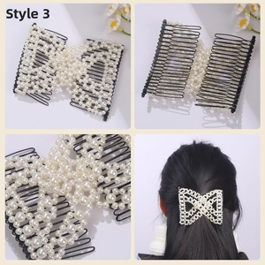 Detailed views of pearl beaded hair comb with elegant cross-shaped design for hair styling