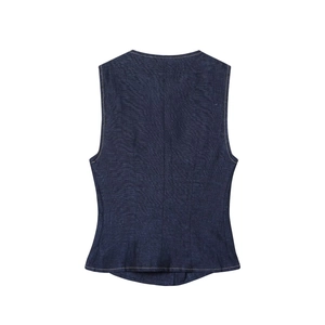 Women's dark blue denim vest set with button-down design and wide-leg pants back view