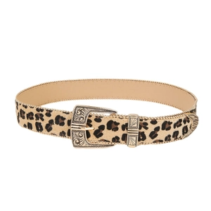 Women's leopard print belt with vintage engraved gold buckle on white background