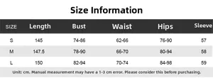 Size guide with bust, waist, and hip measurements for this long sleeve bodycon dress