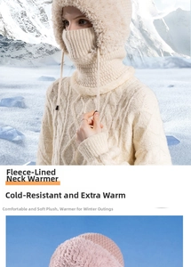 Close-up of cream knit balaclava hat with thick fleece lining and faux fur trim detail