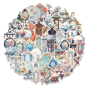 Variety of vintage Chinese style stickers featuring lanterns, fans and bronze mirrors