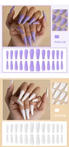 Detail view of purple and white matte long coffin false nails in various sizes