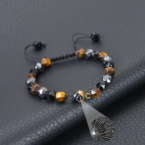 Tiger eye and obsidian woven bracelet with 100 languages projection stone on leather