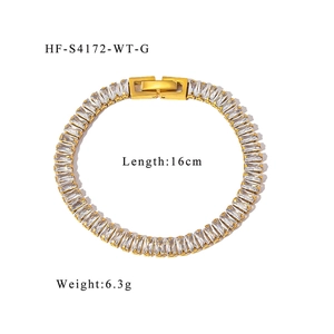 Detail of 18K gold plated tennis bracelet with square white cubic zirconia and secure clasp