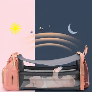Multifunctional foldable diaper backpack with sunshade and mosquito net for baby sleep