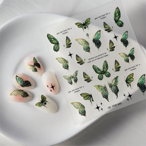 5D embossed butterfly nail stickers with emerald green gradient and starry motifs