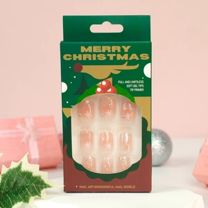 Christmas snowflake press-on nails set with pink gradient and glitter star designs