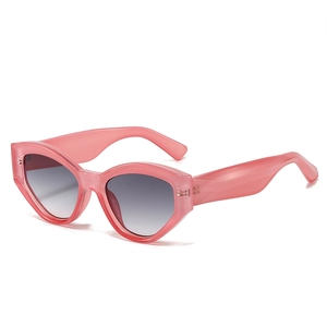 Pink transparent geometric cat eye sunglasses with grey gradient lenses for women