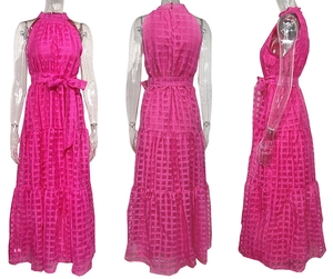 Detailed view of sleeveless rose pink textured maxi dress with matching waist tie