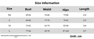 Detailed size chart for sleeveless slim fit maxi dress with measurements in cm